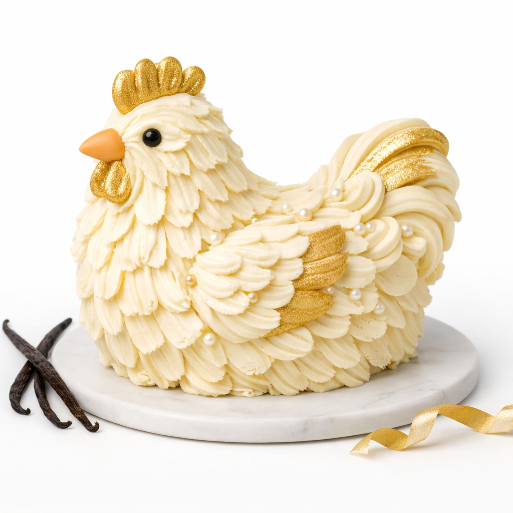 Classic Vanilla Hen dessert with golden decorations